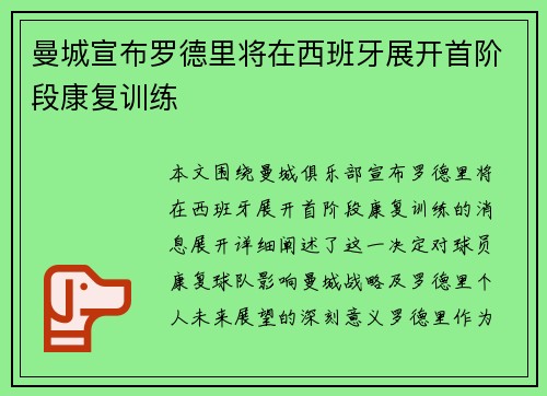 曼城宣布罗德里将在西班牙展开首阶段康复训练 曼城宣布罗德里将在西班牙展开首阶段康复训练