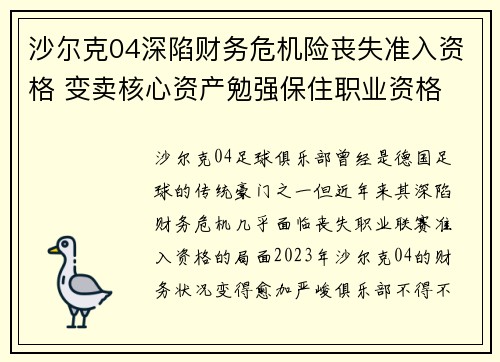 沙尔克04深陷财务危机险丧失准入资格 变卖核心资产勉强保住职业资格